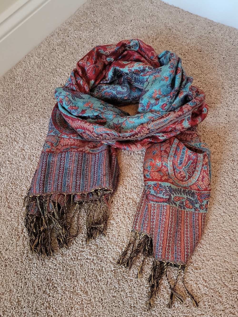 Elegant Paisley Fringe Scarf in Teal & Red- Cashmere and Silk